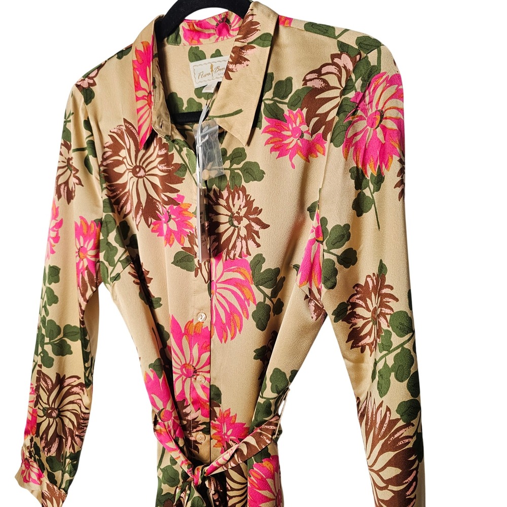 Flora Bea NYC Womens Natalie Floral Belted Shirt Dress L Gold Pink Retro NWT